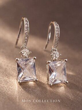 18k White Gold CZ Square Drop Earrings MOS Collection
